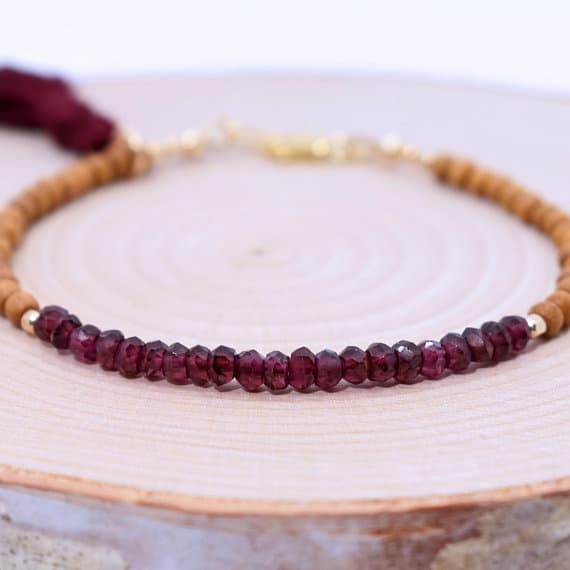 Boho Garnet Bracelet / Sandalwood Bracelet / 14k Gold Filled Bracelet / Beaded Bracelet with Tassel / Stackable / Bohemian / Red Gemstone 3.5-4mm Code- WAR6892