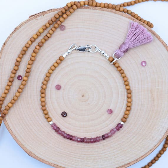 Boho Tourmaline Bracelet / Sandalwood Bracelet / Sterling Silver Bracelet / Beaded Bracelet with Tassel / Stackable / Bohemian/Pink Gemstone 3-3.5mm Code- WAR6890