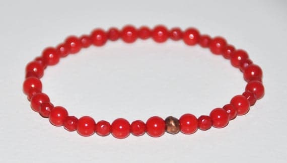 Rose Gold memorial gift 5mm Red Red Coral Stretchable Bracelet Round, Smooth 18cm for mens, womens, gf, bf and adults.