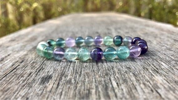 Unique Wedding Gift 8mm Stretchable Multi Rainbow Fluorite and Amethyst Bracelet Round, Smooth 7" for mens, womens, gf, bf & Adult.