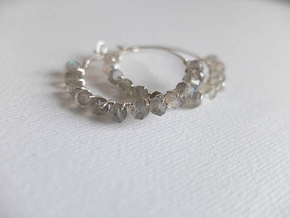 AAA++ Rare Quality Labradorite earrings hoop gemstone,hoop wire wrapped earring boho hoop beaded earring Labradorite jewelry natural Labradorite gemstone 4-5 mm Code- TJH202