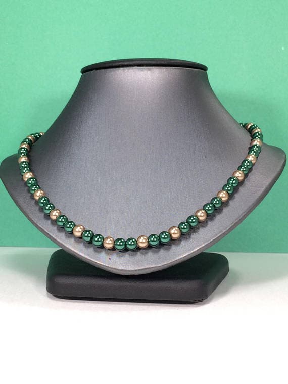 24k gold Plated good luck gift 4-5mm stacking Green & Gold Green and Gold Pearl Necklace Round, Smooth 16" for mens, womens, gf, bf & Adult.