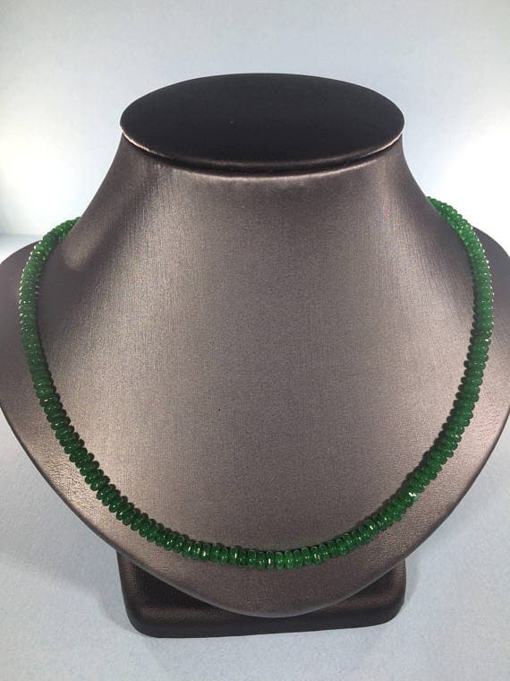 925 sterling Silver Natural 3-4mm stacking Green Emerald Necklace Rondelle, Smooth 16" for mens, womens, gf, bf & Adult.