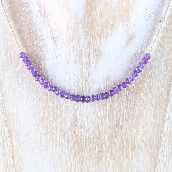 925 sterling Silver Anxiety Gemstone 3.5mm stacking Purple Amethyst & Czech Charlotte Necklace Round, Faceted 16" for mens, womens, gf, bf & Adult.