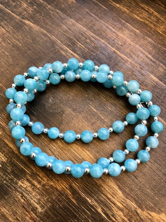 925 sterling Silver Natural Silver Helling 3mm stacking Blue Aquamarine Necklace Round, Smooth 22" for mens, womens, gf, bf & Adult.