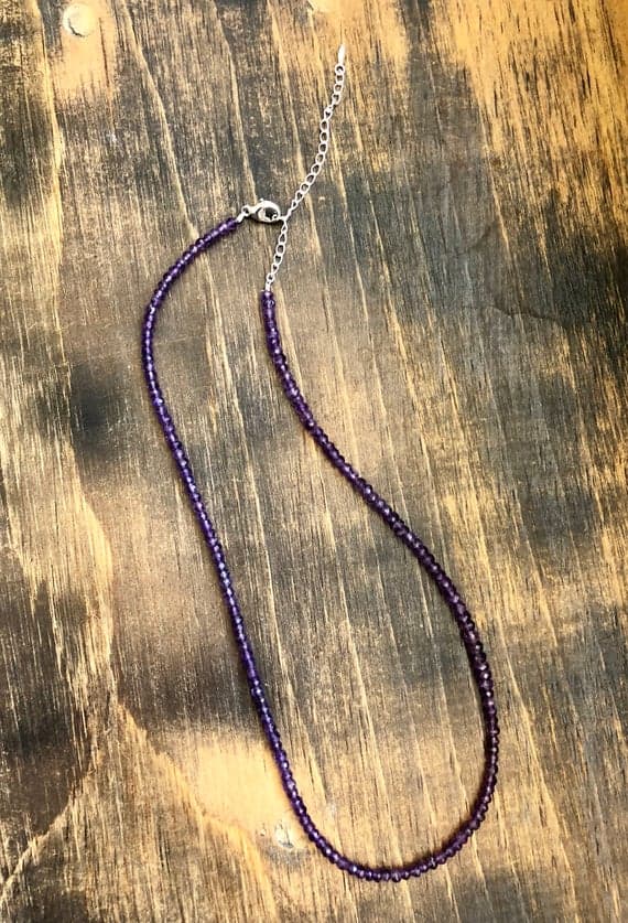 925 sterling Silver Empath Protection 3-4mm stacking Purple Amethyst Necklace Rondelle, Faceted 16" for mens, womens, gf, bf & Adult.