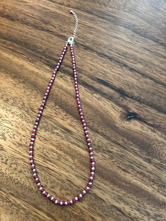 925 sterling Silver Super sale Silver Helling 3-4mm stacking Red Ruby Necklace Rondelle, Faceted 15" for mens, womens, gf, bf & Adult.