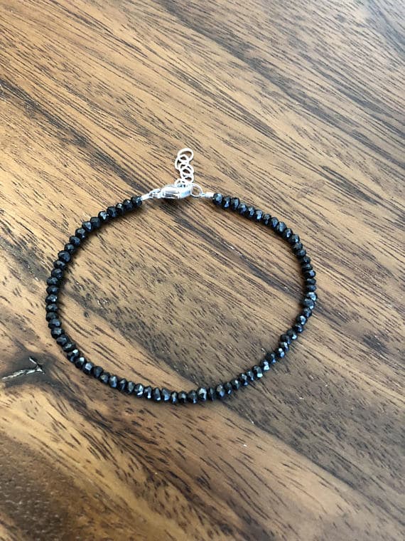 925 sterling Silver Rock Gift 3mm stacking Black Black Spinel Bracelet Rondelle, Faceted 7" for mens, womens, gf, bf & Adult.