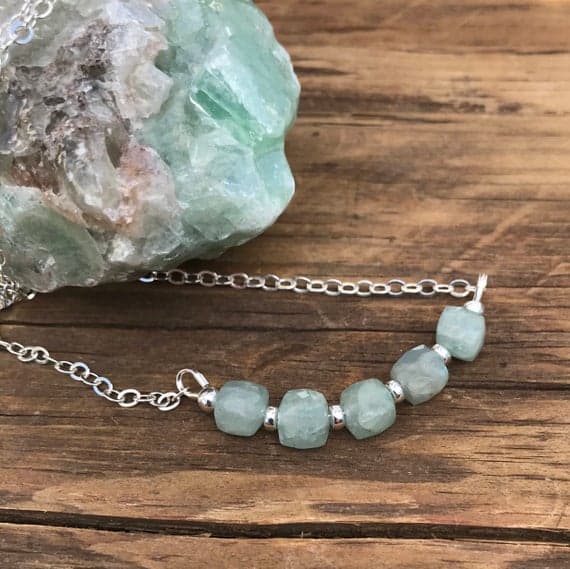Aquamarine Faceted Square Bar Necklace on Sterling Silver Chain- Energy Healing Jewelry- March Birthstone- Boho- Aura 5x5mm Code- WAR6798
