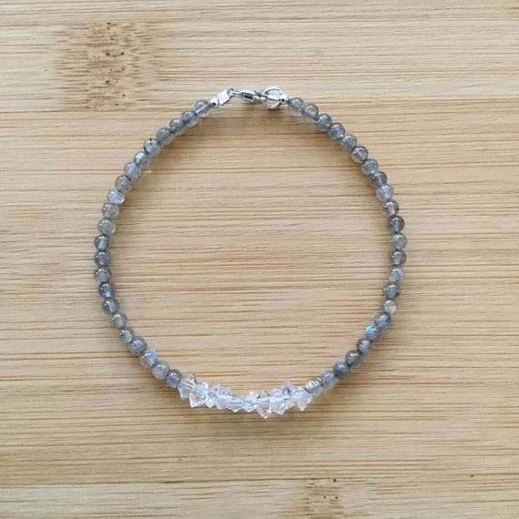 925 sterling Silver Positive Energy 3mm stacking Gray Labradorite and Herkimer Diamond Bracelet Round, Smooth 7" for mens, womens.