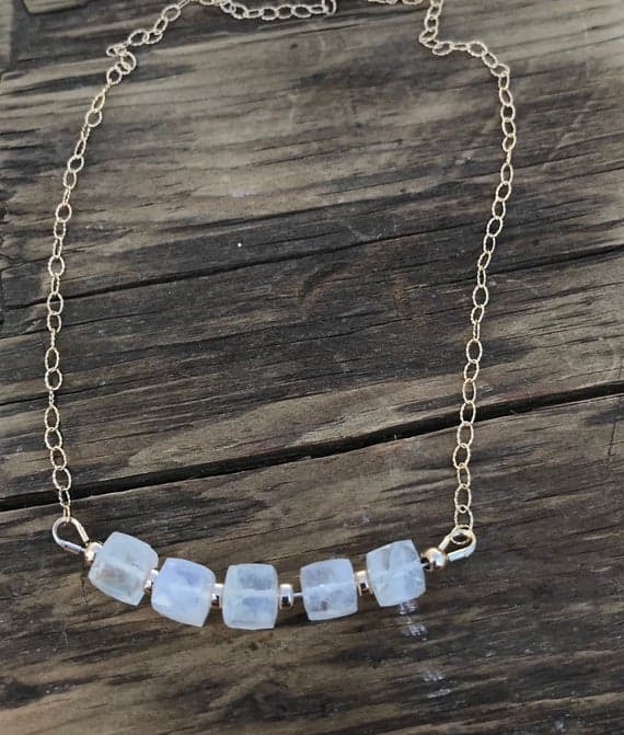 Moonstone Faceted Cube Bar Necklace on Sterling Silver or Gold Filled Chain- Energy Healing Jewelry-June Birthstone- Bridal -Boho- Wedding 6mm Code- WAR6797