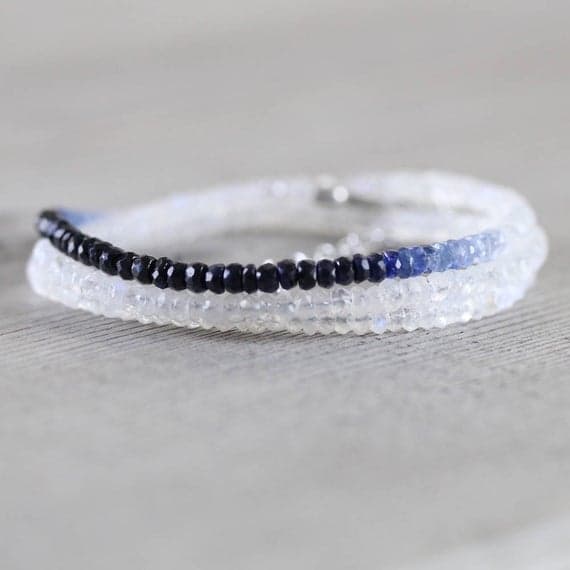 925 sterling Silver Anniversary Gift 3.5nn stacking Multi Ombre Blue Sapphire & Rainbow Moonstone Necklace Rondelle, Faceted 16" for mens, womens, gf, bf & Adult.