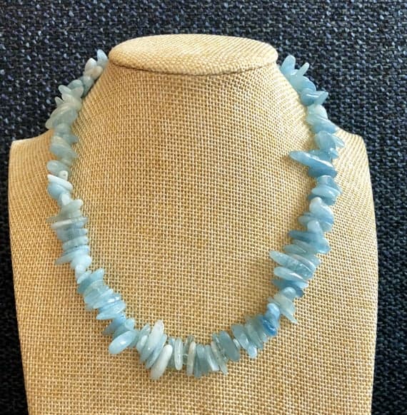 925 sterling Silver Personalized Gift 4x9mm stacking Blue Aquamarine Necklace Chips, Smooth 17" for mens, womens, gf, bf & Adult.