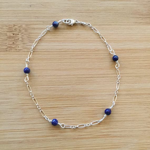 925 sterling Silver Dainty Slave Loose 4mm stacking Blue Lapis Lazuli  Bracelet Round, Faceted 7" for mens, womens.