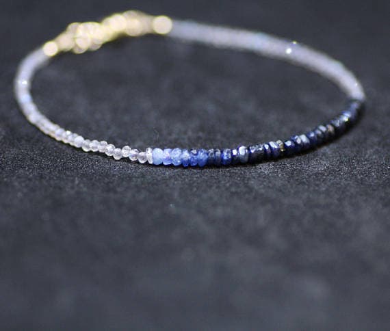 24k gold Plated Handmade Beaded 3mm stacking Blue & White Natural Ombre Sapphire and Labradorite Bracelet Round & Rondelle, Faceted 7" for mens, womens, gf, bf & Adult.