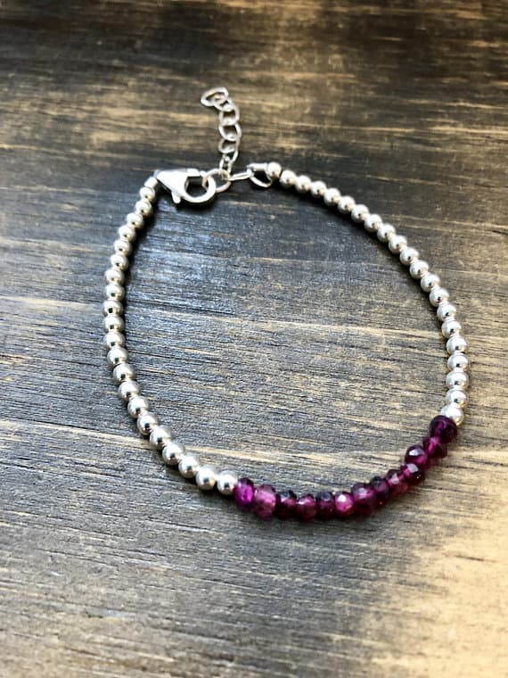 925 sterling Silver Personalized Gift Silver Helling 3-4mm stacking Red Garnet Bracelet Rondelle, Faceted 7" for mens, womens, gf, bf & Adult.
