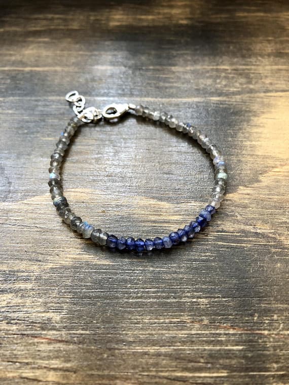 925 sterling Silver Bridesmaid Jewelry 3-4mm stacking Blue & Gray Labradorite, Iolite Bracelet Rondelle, Faceted 7" for mens, womens, gf, bf & Adult.
