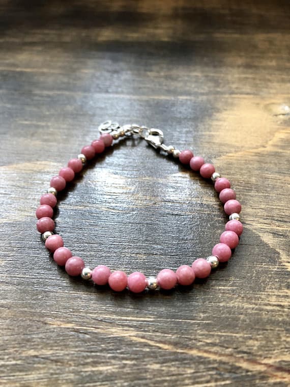 925 sterling Silver Dainty Slave Loose Silver Helling 3-6mm stacking Pink Rhodonite Bracelet Round, Smooth 7" for mens, womens, gf, bf & Adult.