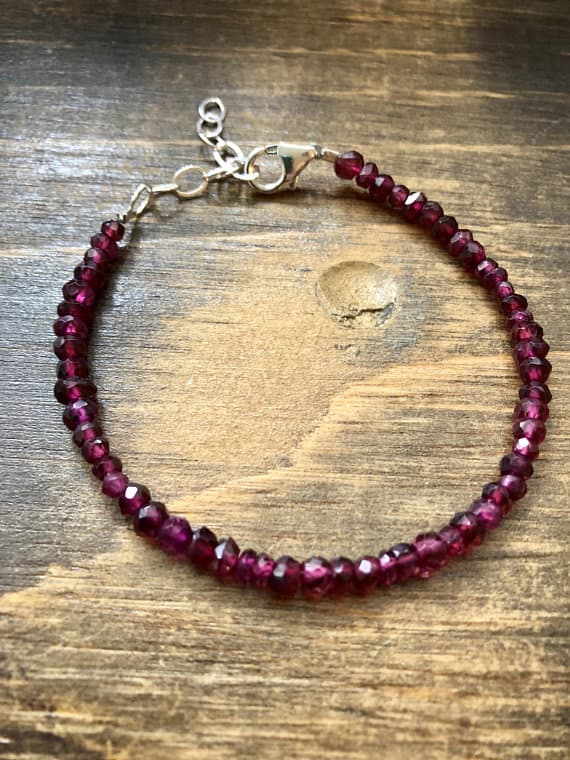 925 sterling Silver Anniversary Gift 3-4mm stacking Red Garnet Bracelet Rondelle, Faceted 7" for mens, womens, gf, bf & Adult.