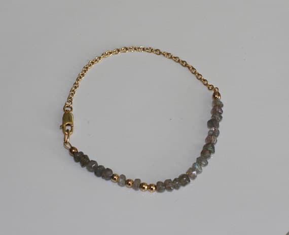 24k gold Plated Bridesmaid Jewelry Gold Helling 3-4mm stacking Gray Labradorite Bracelet Rondelle, Faceted 7" for mens, womens, gf, bf & Adult.