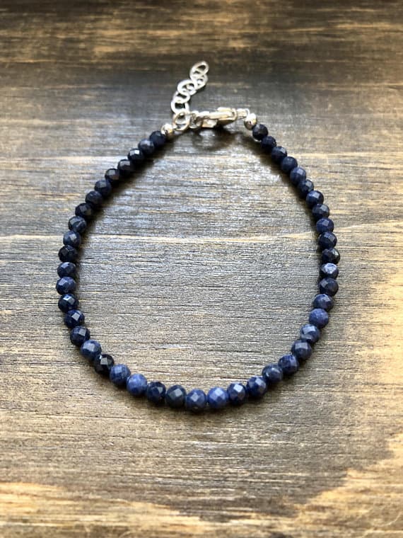 925 sterling Silver Anxiety Gemstone Silver Helling 3mm stacking Blue Sapphire Bracelet Round, Faceted 7" for mens, womens, gf, bf & Adult.