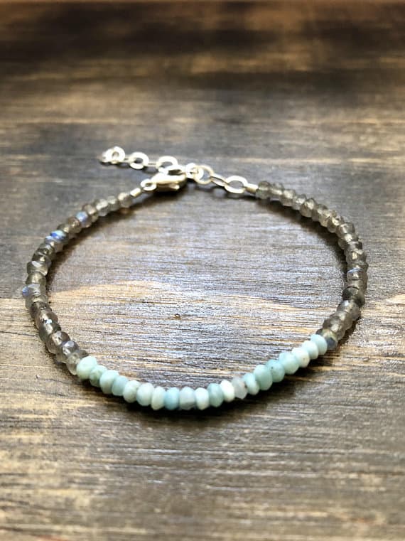 925 sterling Silver Artisan Loose 3-4mm stacking Gray & Blue Larimar & Labradorite Bracelet Rondelle, Faceted 7" for mens, womens, gf, bf & Adult.