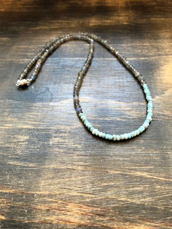 925 sterling Silver Rock Gift 3-4mm stacking Blue & Gray Larimar & Labradorite Necklace Rondelle, Faceted 17" for mens, womens, gf, bf & Adult.