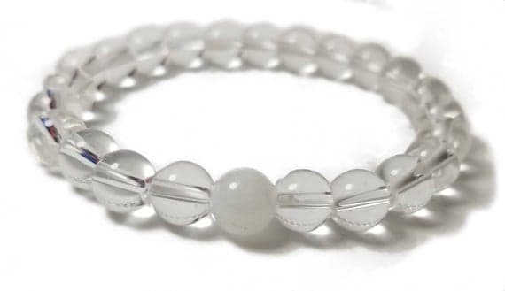 Unique Wedding Gift 8mm Stretchable white Moonstone & Clear Quartz Bracelet Round, Smooth 7" for mens, womens, GF, BF, Adults.