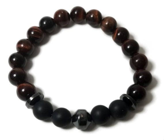 Jewelry Energy 8mm Stretchable Multi Red Tiger Eye, Hematite, Onyx Bracelet Round, Smooth 7" for mens, womens, GF, BF, Adults.