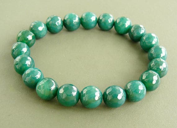 Agate bracelet 10mm Facated Green Agate Bracelet Beaded Bracelet for women Gemstone Stretch bead bracelets Natural Agate Jewelry gift mom  Code- WAR9142