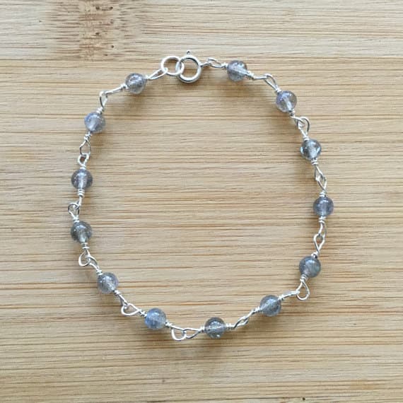 925 sterling Silver Rock Gift 4mm stacking Gray Labradorite Bracelet Round, Smooth 7" for mens, womens.