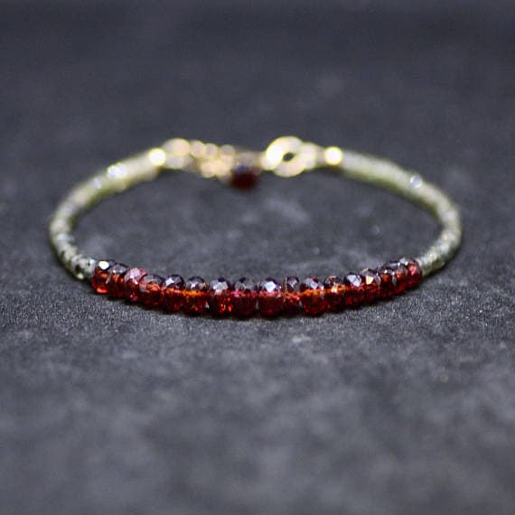24k gold Plated Natural 4.5-6mm stacking Green & Red Natural Green Sapphire and Rhodolite Garnet Bracelet Rondelle, Faceted 7" for mens, womens, gf, bf & Adult.