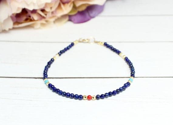 Tiny Blue Lapis beaded bracelet red coral,freshwater pearl,turquoise 2mm Code- WAR9001