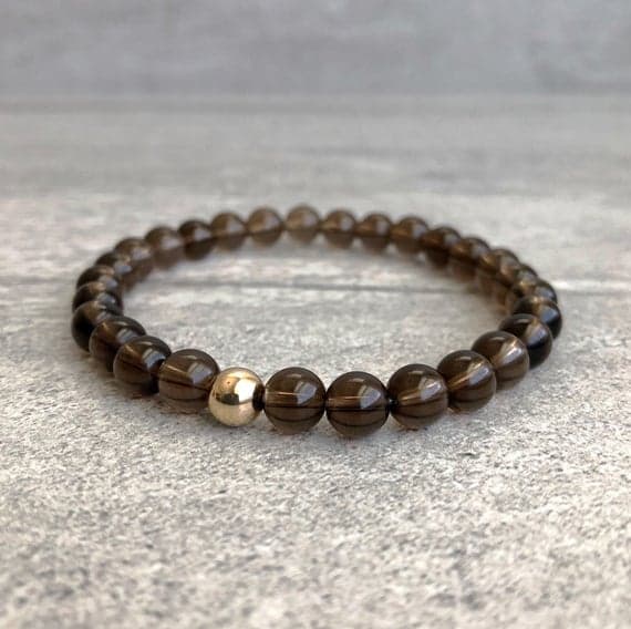 Rose Gold chakras simple 6mm Brown Smoky Quartz Stretchable Bracelet Round, Smooth 18cm for mens, womens, gf, bf and adults.