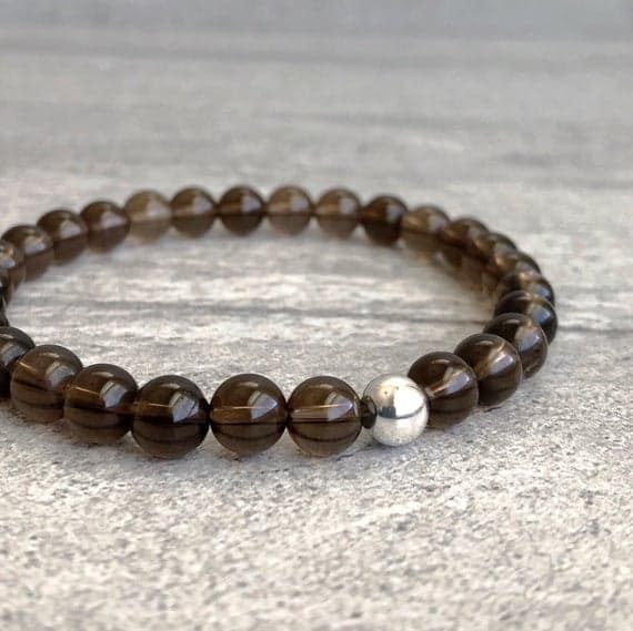 925 sterling silver good luck gift 6mm Brown Smoky Quartz  Stretchable Bracelet Round, Smooth 18cm for mens, womens, gf, bf and adults.