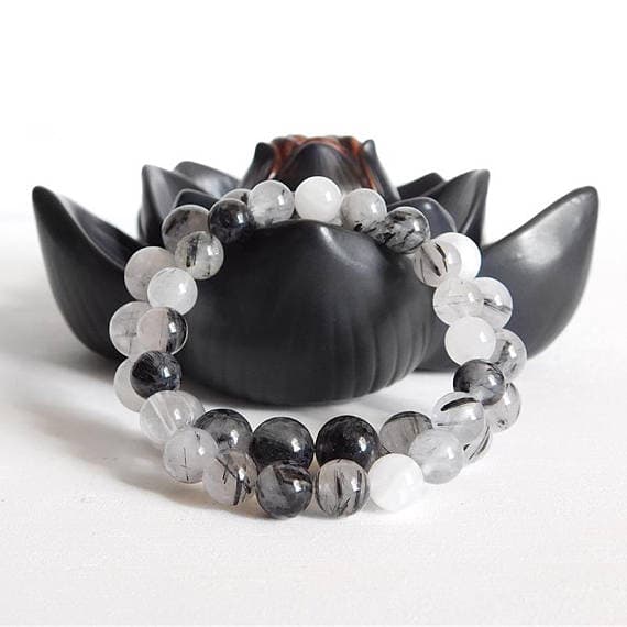 Dainty Slave Loose 8mm Stretchable Black Rutilated Quartz Bracelet Round, Smooth 7" for mens, womens, gf, bf & Adult.
