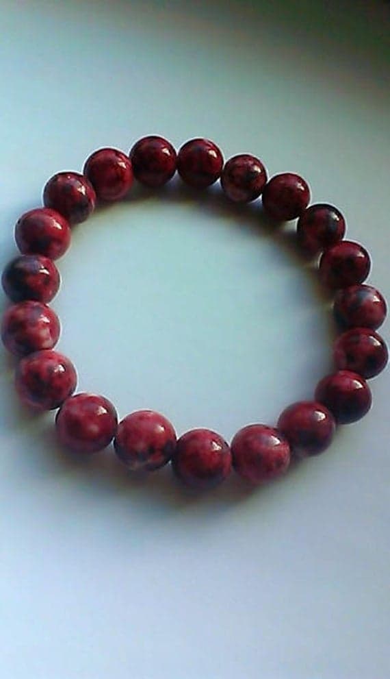 Dainty Slave Loose 10mm Stretchable Black & Red Jade Bracelet Round, Smooth 7.5" for mens, womens.