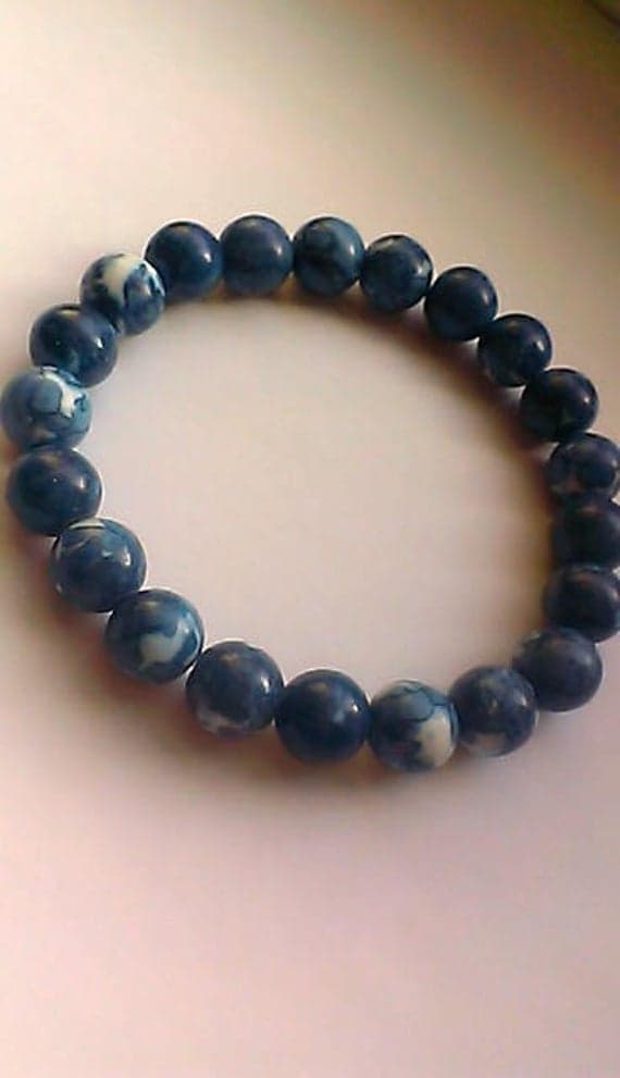Rock Gift 10mm Stretchable Blue Blue Jade Bracelet Round, Smooth 7.5" for mens, womens.