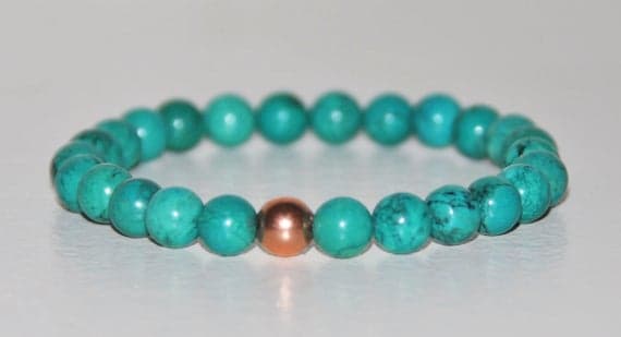 Rose Gold Anxiety Gemstone 8mm Sky Blue Turquoise Stretchable Bracelet Round, Smooth 18cm for mens, womens, gf, bf and adults.