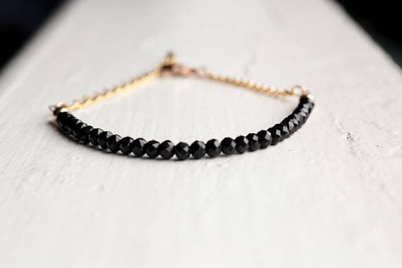 24k gold Plated Empath Protection 3-4mm stacking Black Black Spinal  Bracelet Round, Faceted 7" for mens, womens, gf, bf & Adult.