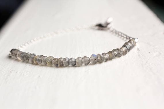 925 sterling Silver good luck gift 4mm stacking Gray Labradorite Bracelet Rondelle, Faceted 7" for mens, womens, gf, bf & Adult.
