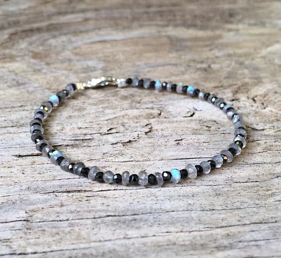 925 sterling Silver Personalized Gift 2-3mm stacking Black & Gray labradorite & black spinel  Bracelet Rondelle, Faceted 7" for mens, womens, gf, bf & Adult.