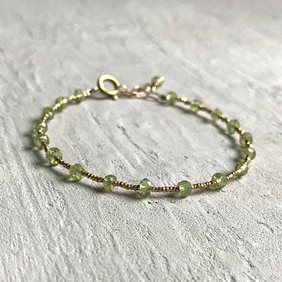 24k gold Plated Bridesmaid Jewelry Gold Helling 3-4mm stacking Green peridot Bracelet Rondelle, Faceted 7" for mens, womens, gf, bf & Adult.