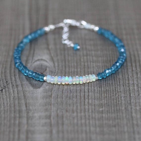 925 sterling Silver top quality Silver helling 3.5mm stacking Multi Ethiopian Welo Opal & London Blue Topaz Bracelet Rondelle, Faceted & Smooth 7" for mens, womens, gf, bf & Adult.