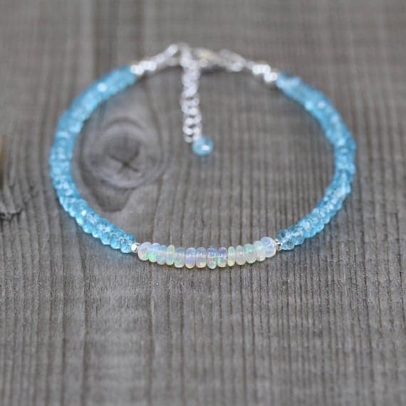 925 sterling Silver good luck gift Silver Helling 3.5mm stacking Multi Ethiopian Welo Opal & Sky Blue Topaz  Bracelet Rondelle, Faceted & Smooth 7" for mens, womens, gf, bf & Adult.