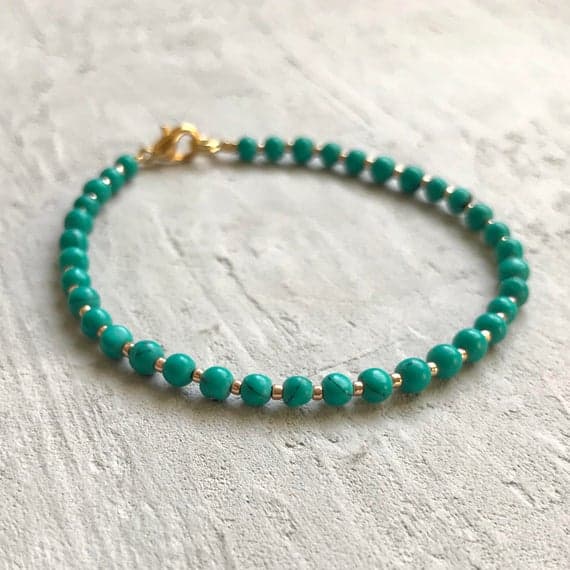 24k gold Plated Wholesale gold helling 4mm stacking Green turquoise Bracelet Round, Smooth 7" for mens, womens, gf, bf & Adult.