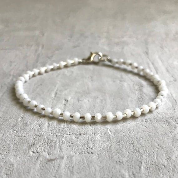 925 sterling Silver Empath Protection 3-4mm stacking White white glass Bracelet Rondelle, Faceted 7" for mens, womens, gf, bf & Adult.