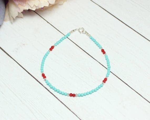 925 sterling Silver Galaxy Jewelry 2mm stacking Blue & Red Sky Blue Turquoise &  red coral  Bracelet Round, Smooth 7" for mens, womens, gf, bf & Adult.