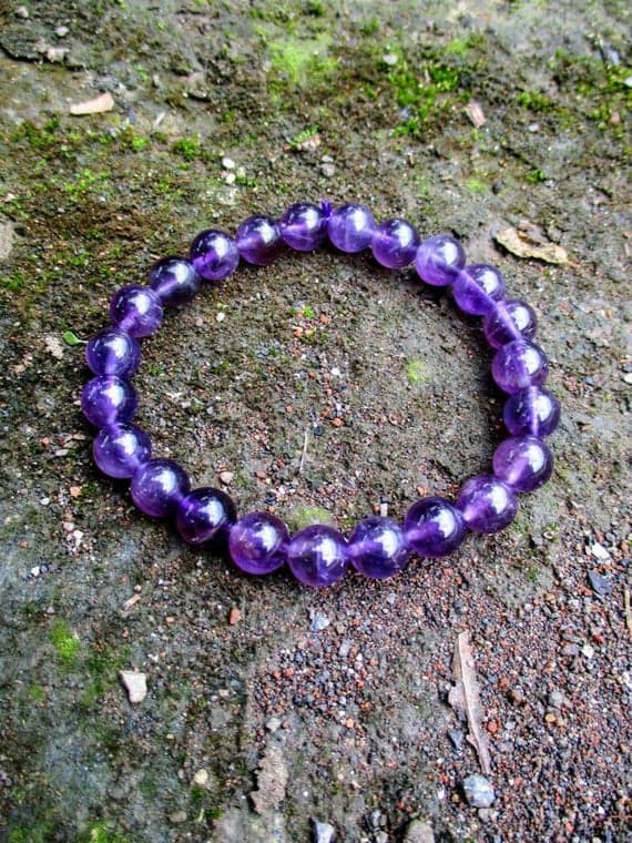 Anxiety Gemstone 8mm Purple Genuine amethyst Stretchable Bracelet Round, Smooth 18cm for mens, womens, gf, bf and adults.
