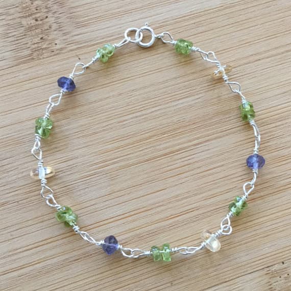 925 sterling Silver chakras simple 3-6m stacking Multi Iolite, Citrine, and Peridot  Bracelet Rondelle, Faceted 7" for mens, womens.